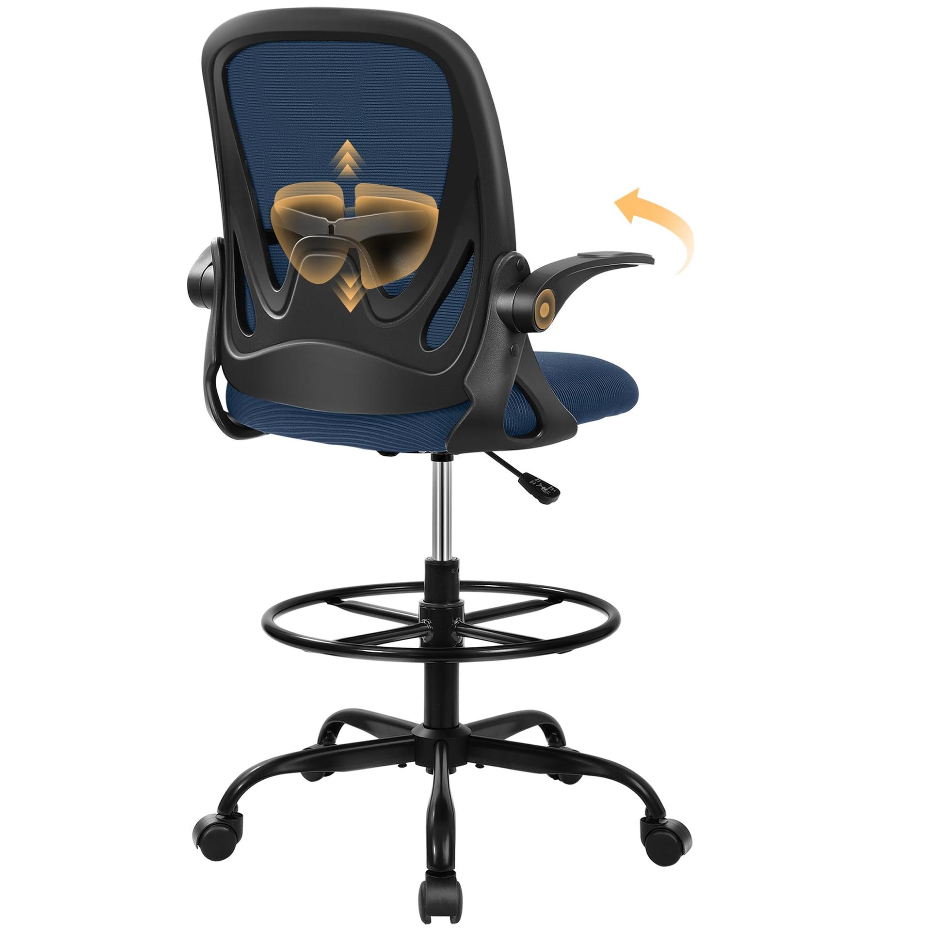 Primy Drafting Chair Tall Office Chair with Flip-up Armrests Executive Ergonomic Computer Standing Desk Chair with Lumbar Support and Adjustable Footrest Ring (Navy)